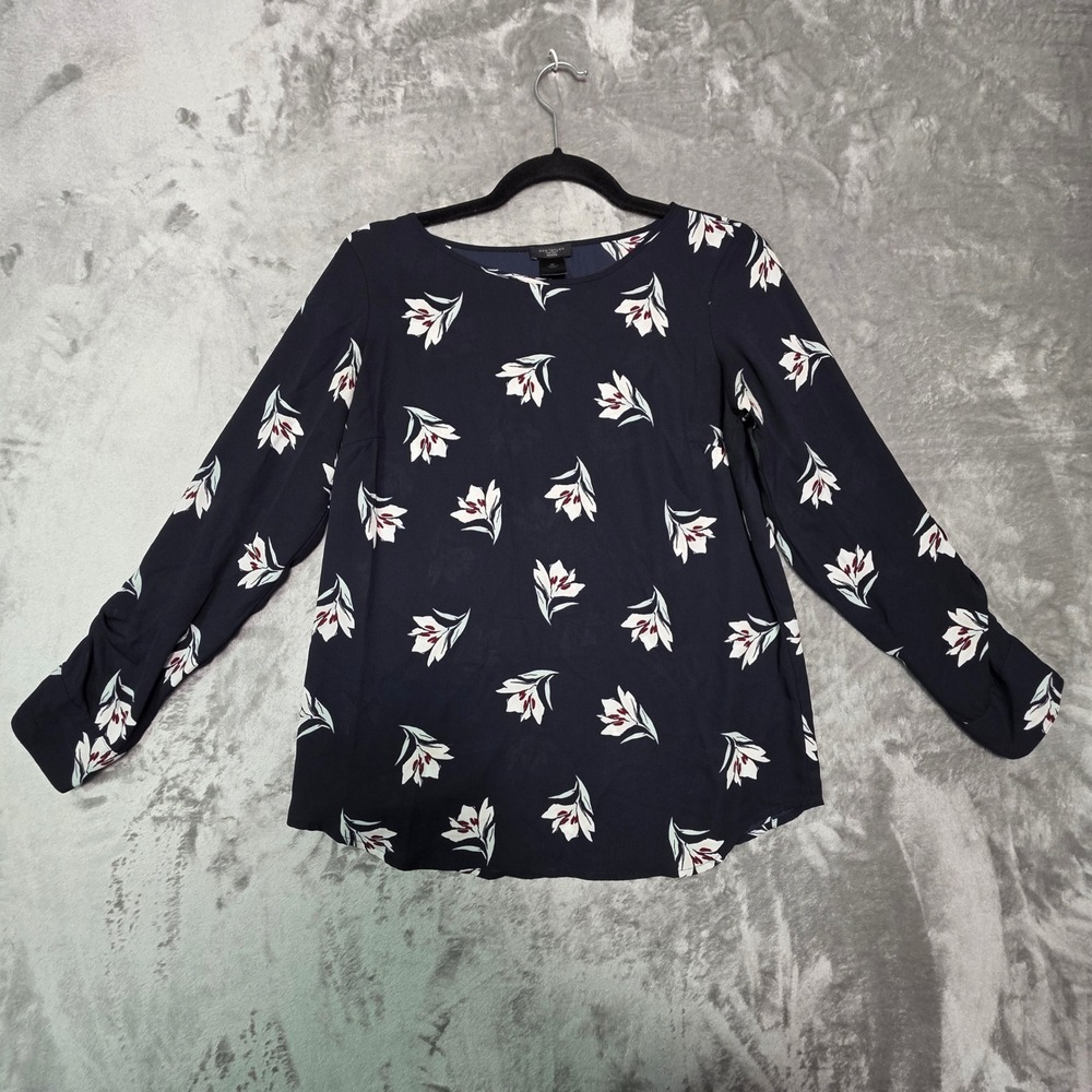 Ann Taylor Factory Navy Floral Long Sleeve Roll Tab Blouse Petite Small SP